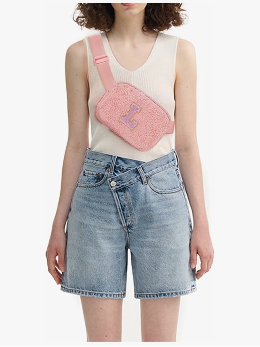 Pink Sherpa Crossbody Belt Bag with Letter Patch